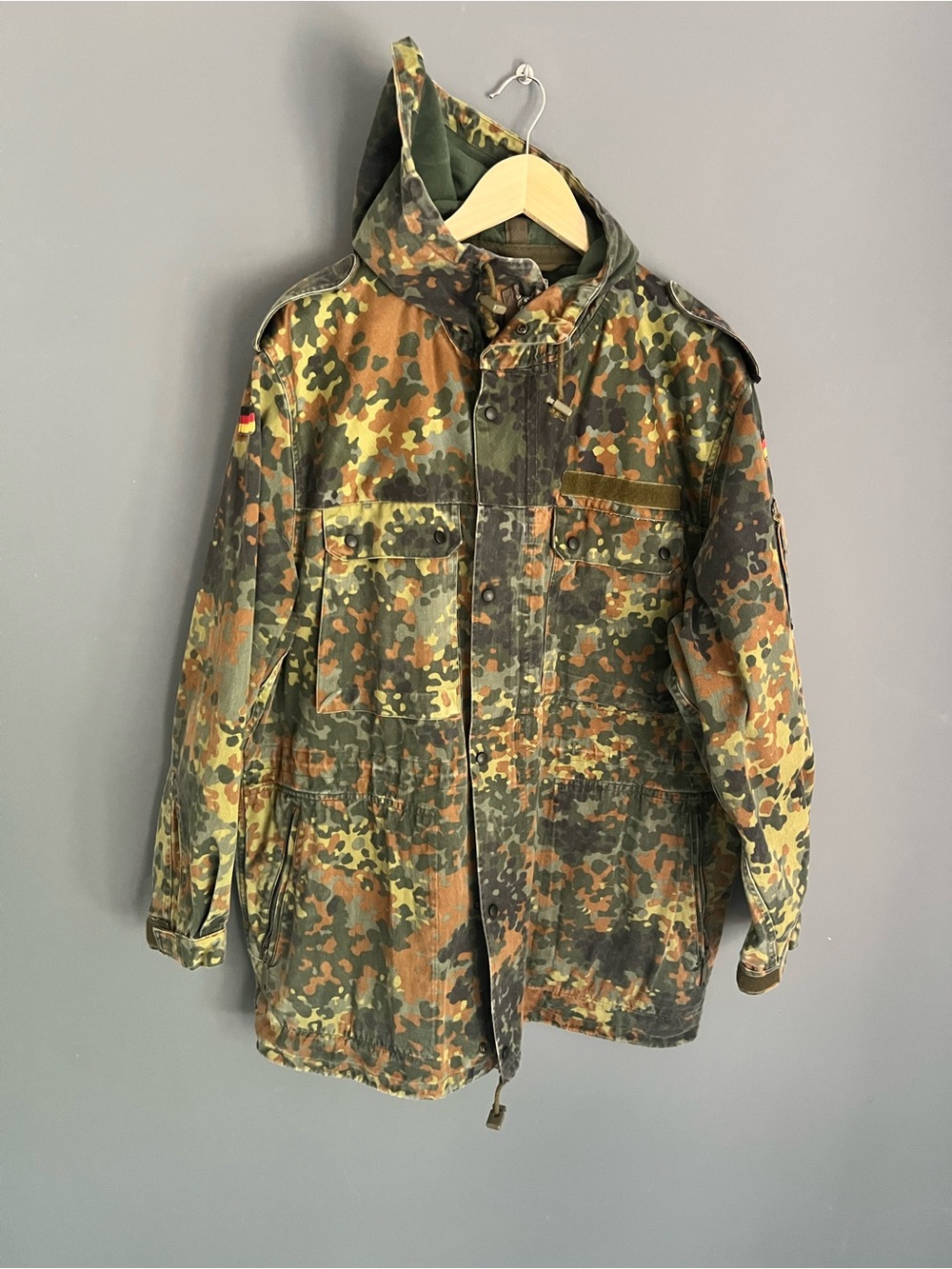 Vintage German Military Field Jacket Mens 2X Flecktarn Camo 90s Snap Army Hood